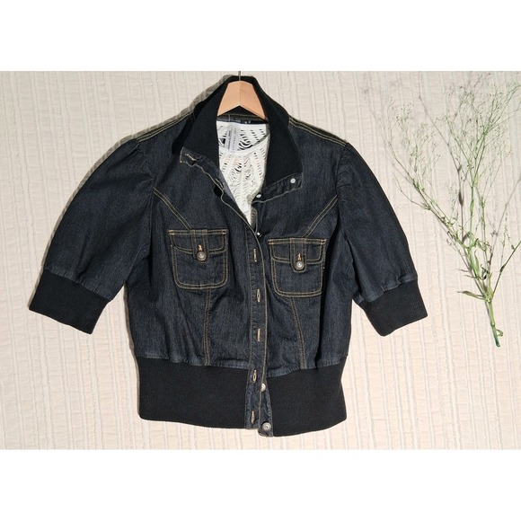 Y2k Denim Cropped Jacket Gold Stitching Ribbed Trim Short Sleeve Moto - Picture 12 of 17